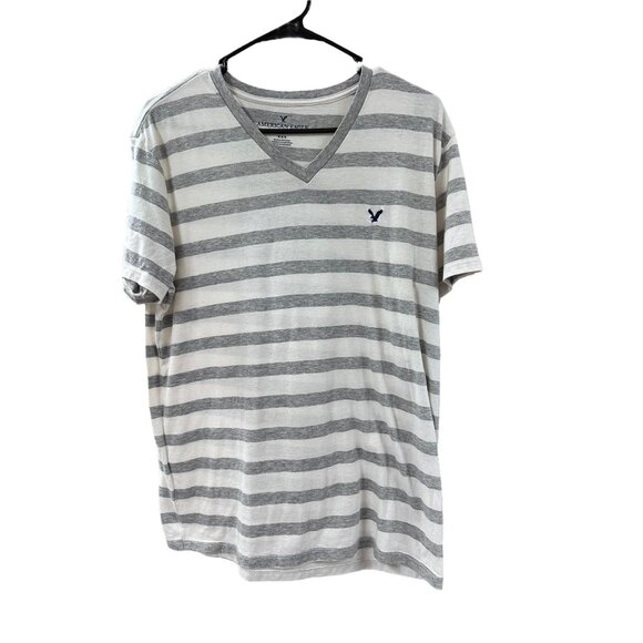 🌸3/$15🌸Gray and White Striped American Eagle V-Neck T-shirt sz Medium - Picture 1 of 4
